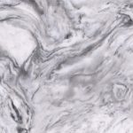 a white fusion quartz countertop that has cool toned swirl of white, grey, and black over its surface