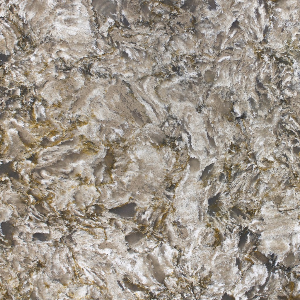a Pacifica countertop surface that features swirling pattern in gray, beige, and charcoal over the beige-cream base