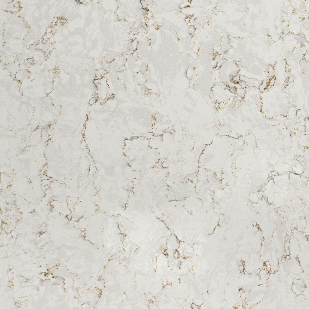a Lusso quartz countertop surface that features veining in charcoal, beige, and bronze over the creamy white background