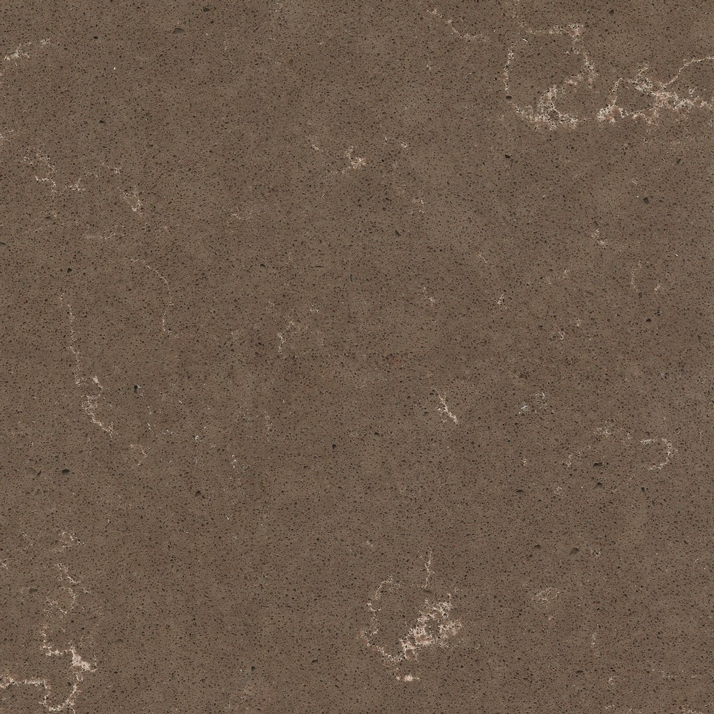 an Ironbark quartz countertop surface that has a chocolate brown base color with flecks of charcoal, beige, white, cream, brown, and gray