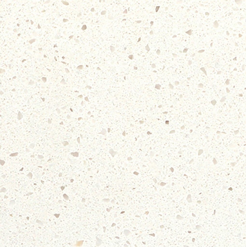 a simply white quartz countertop surface that has a speckles over the white background