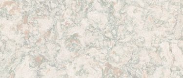 a trafalgar quartz countertop surface that has streams of cool toned green that blends with the tones of taupe and cream on a speckled white base