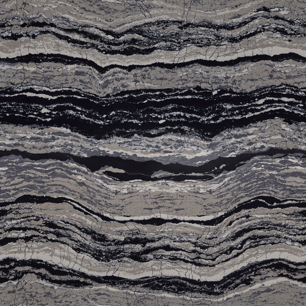 a Levven quartz countertop surface that features dynamic waves in colors black and gray with hints of white