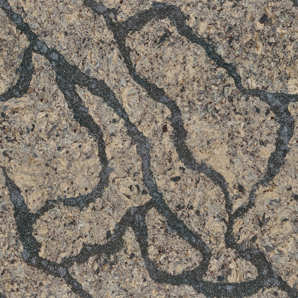 a Langdon quartz countertop surface that features various shades of brown with dark gray veining pattern