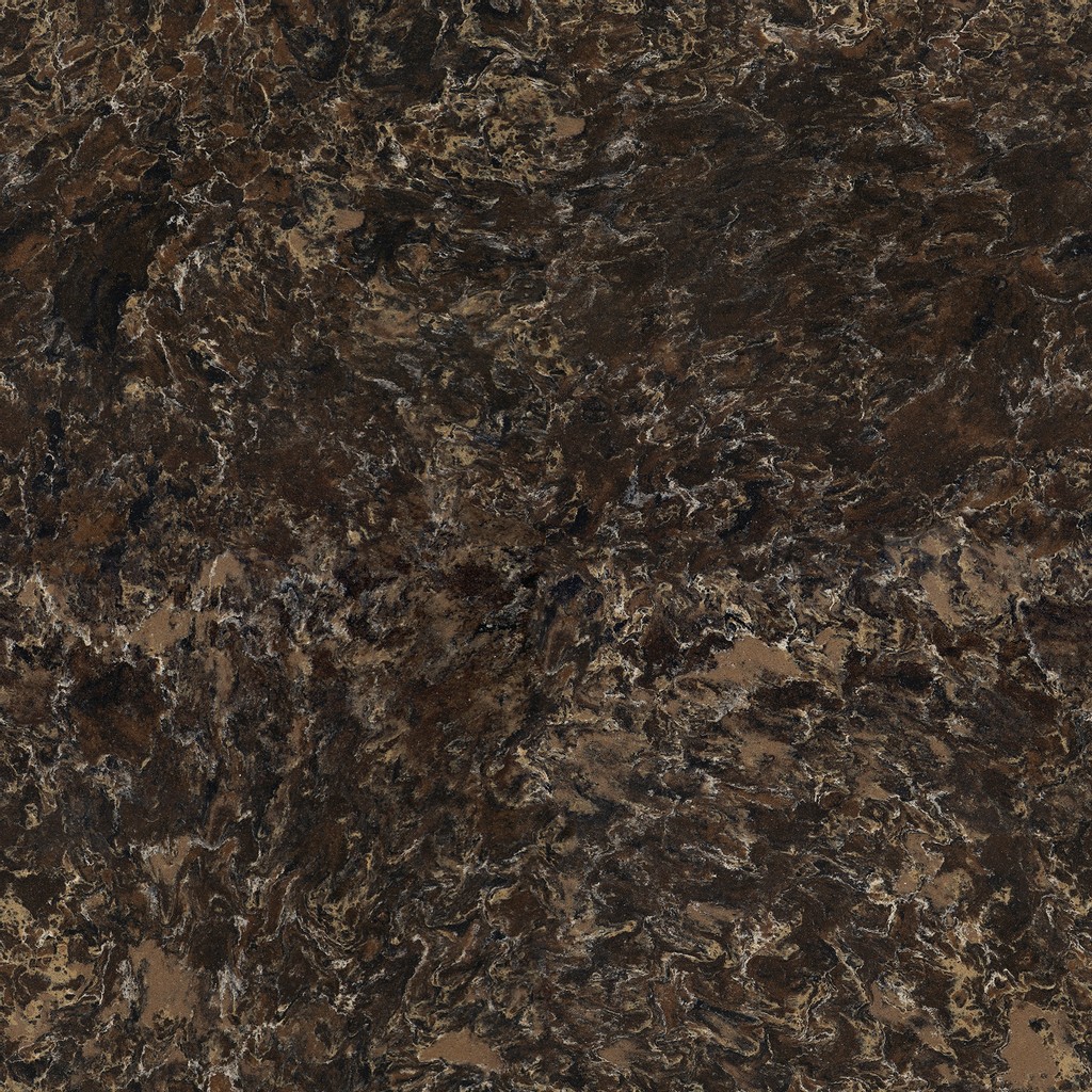 a Laneshaw quartz countertop surface that has a dark design with varying shades of black, brown, and tan