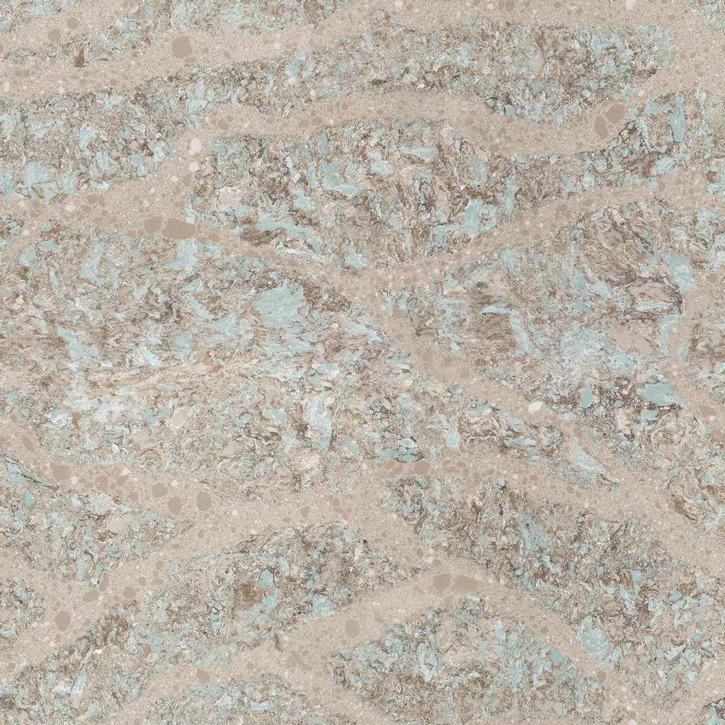 a Kelvingrove quartz countertop surface that blends colors of white, taupe, and green