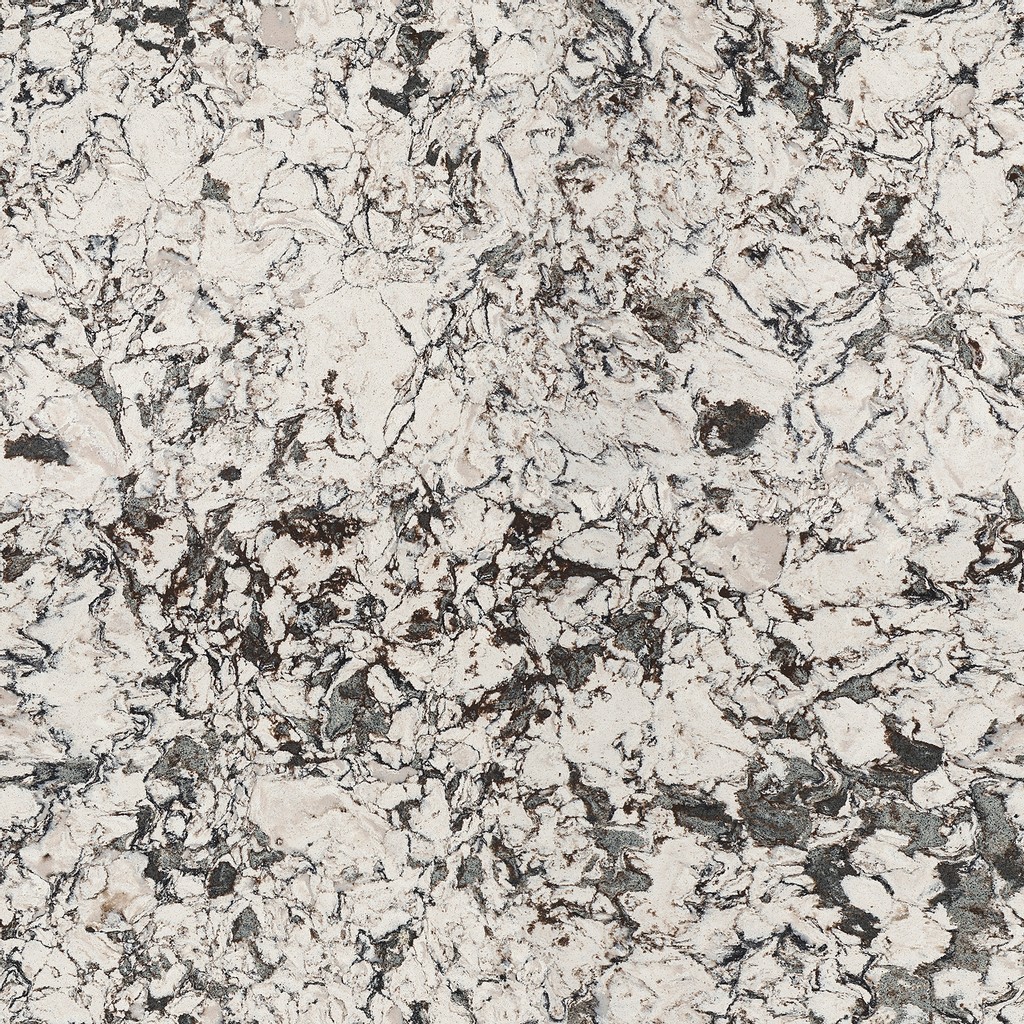 a Huntley quartz countertop suface that has a swirling design in brown and gray over the white base