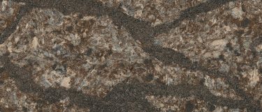 a Harlech quartz countertop surface that features a dark design with varying shades of browns and whites with subtle gray accents