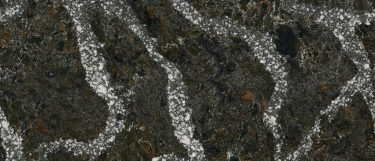 an Ellesmere quartz countertop that features distinct veining on a surface with varying shades of brown, white, and black