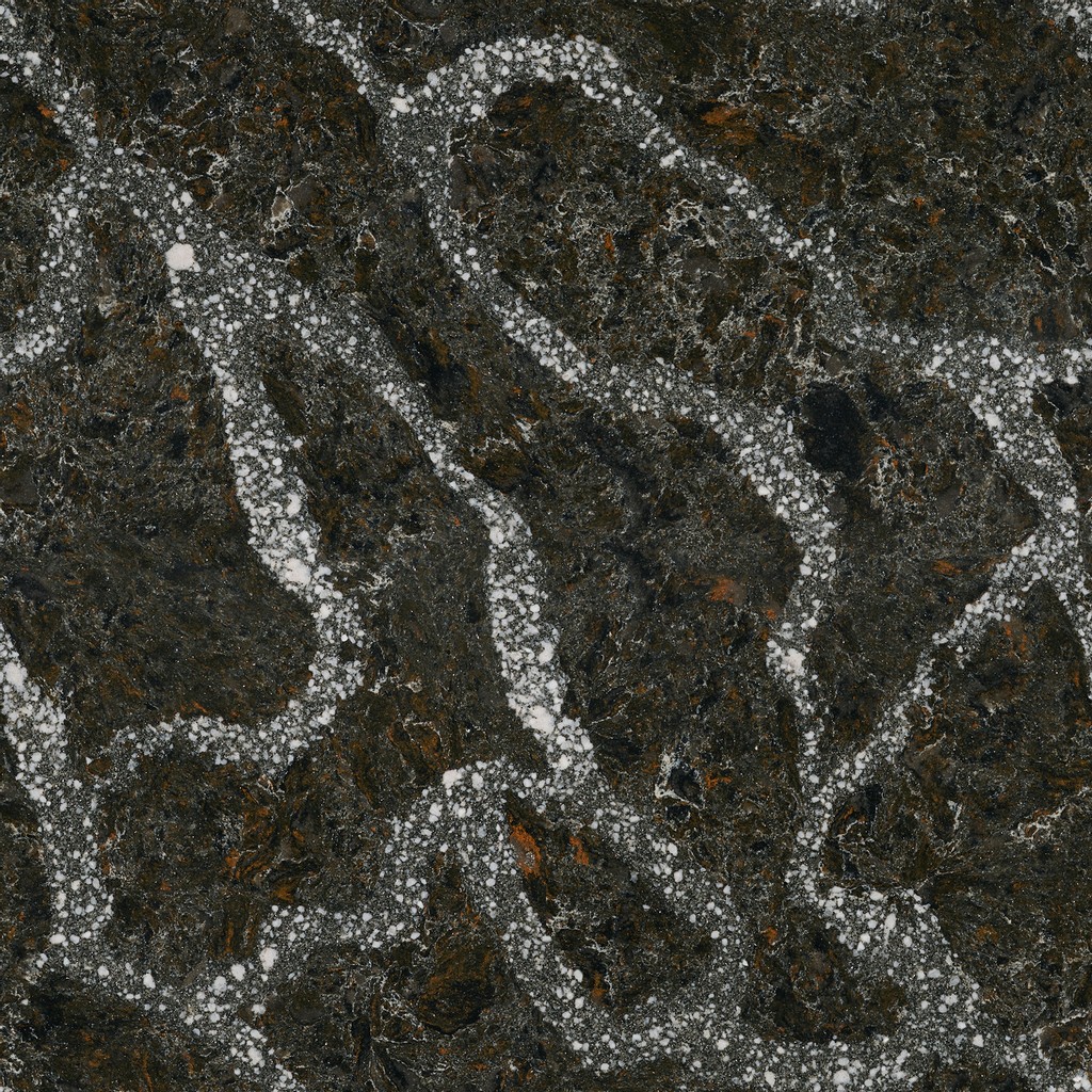 an Ellesmere quartz countertop that features distinct veining on a surface with varying shades of brown, white, and black