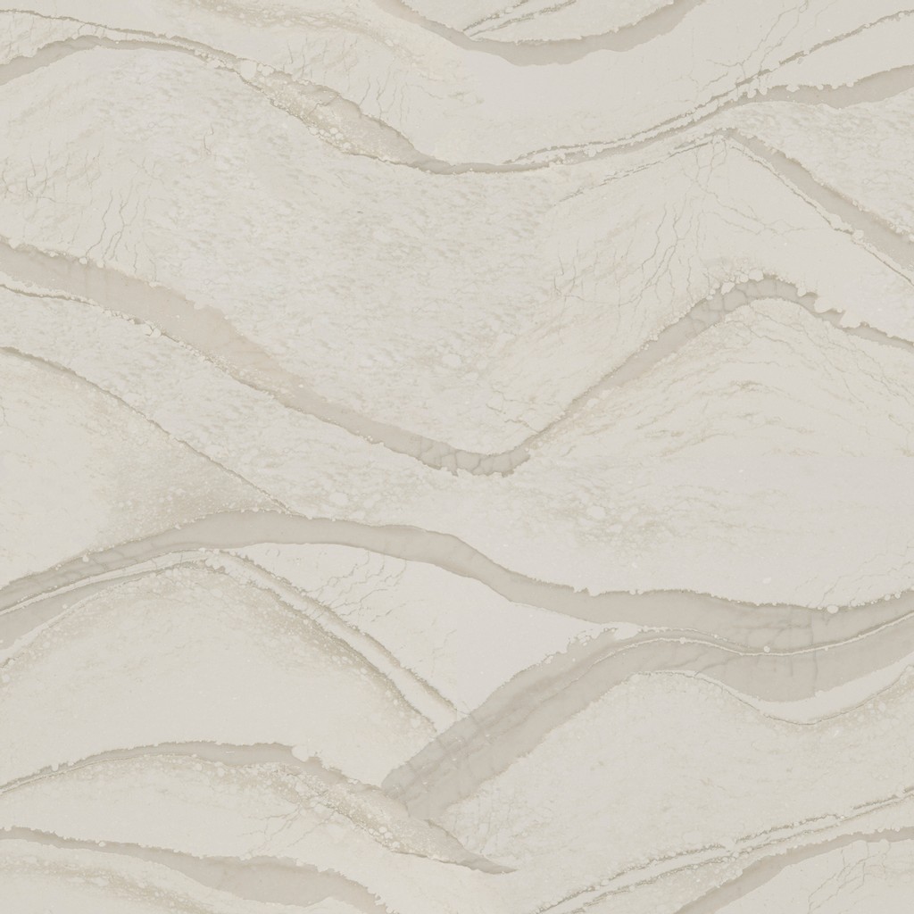 a Brittanicca Warm quartz countertop surface that features translucent gray veins across the cream white background