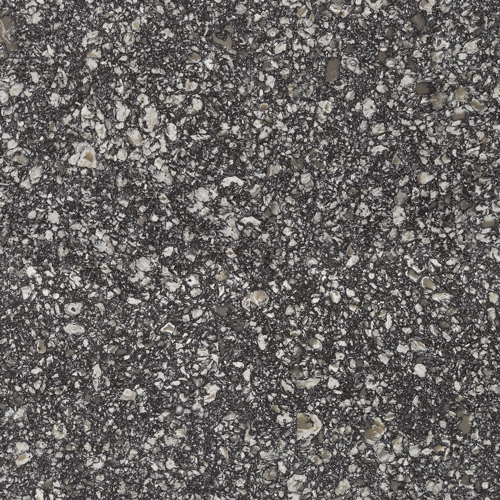 a Braemar quartz countertop surface that features a dark design with with whites and creams with gray swirling details