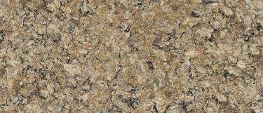 a Bradshaw quartz countertop surface that features a whirling blend of colors of taupe, tan, black, and copper