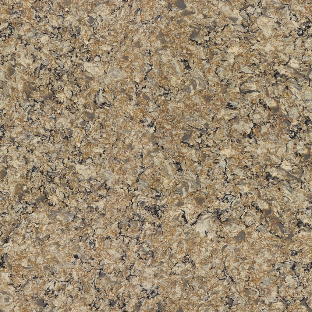 a Bradshaw quartz countertop surface that features a whirling blend of colors of taupe, tan, black, and copper