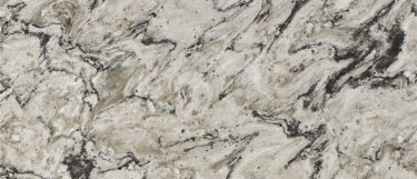 a Bellingham quartz countertop surface that features dramatic swirls and veining in charcoal and gray over the white background