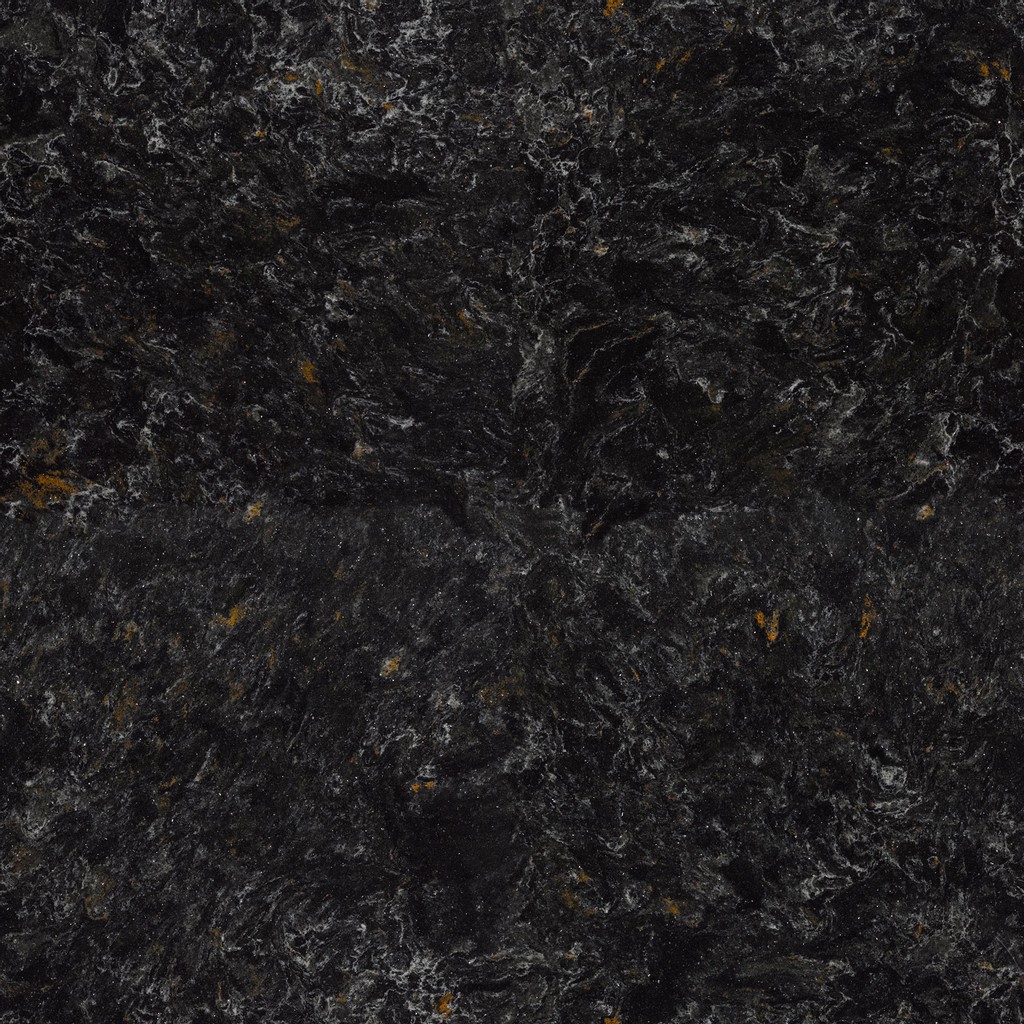 an Armitage quartz countertop surface that features a blend of gray and black swirls with cream and white details