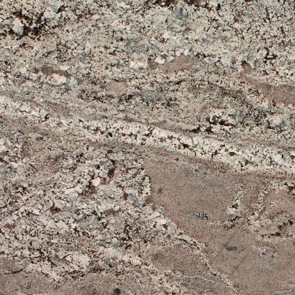 a Lennon granite countertop surface that features a white-gray design with black and brown spots and swirled veining pattern