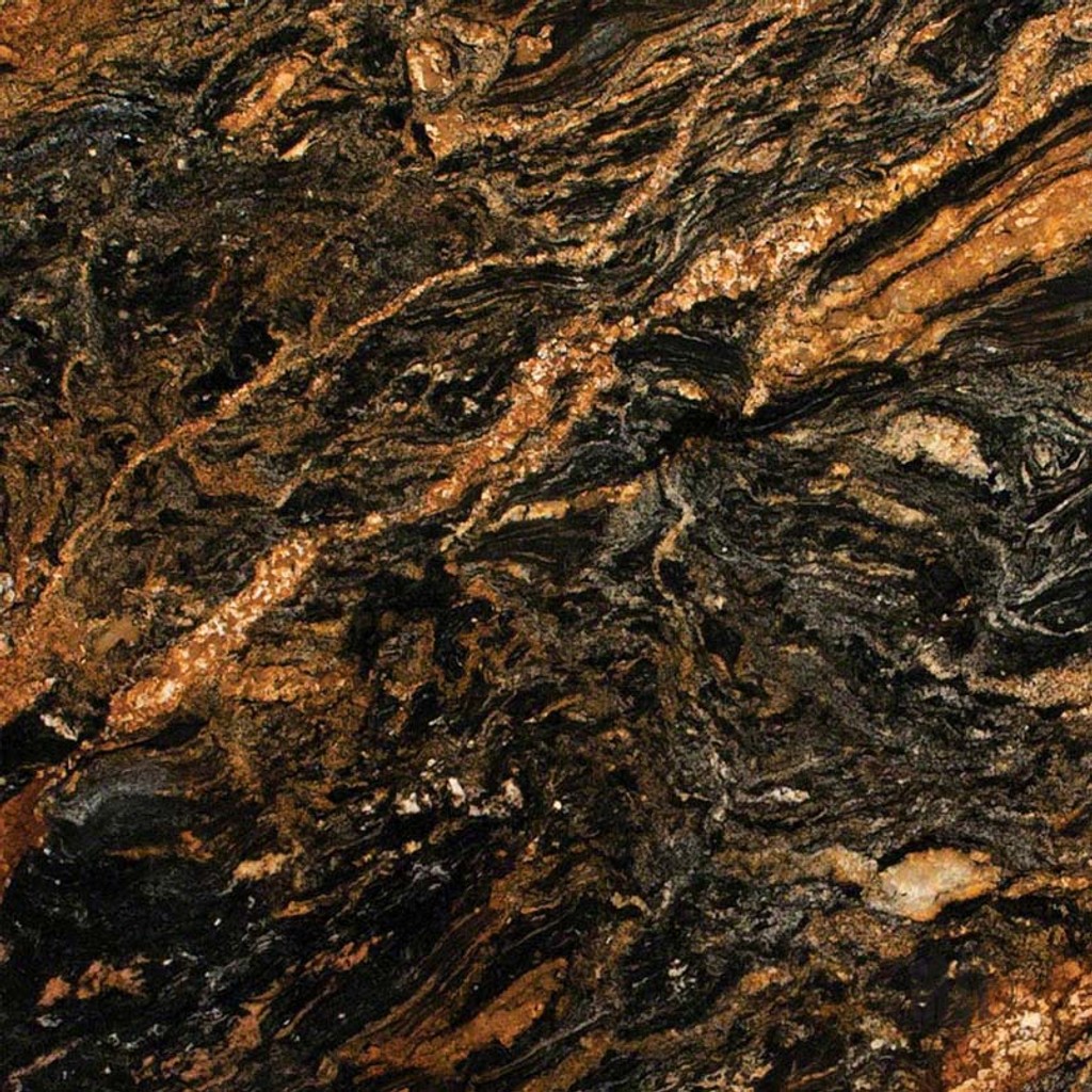 a Desert Dream granite countertop surface that features black, cream, gray, and gold design in a swirling pattern