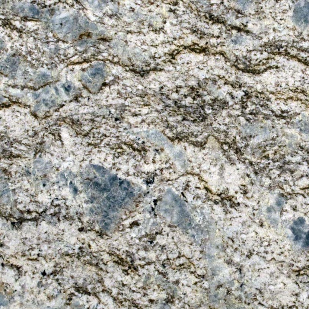 a Blue Flower granite countertop surface that features white base swirled with blue and brown with white patches details with blue flecks scattered throughout