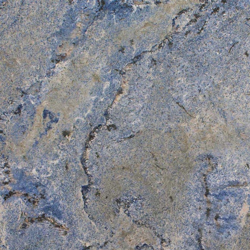 a Blue Bahia granite countertop surface that features shades of blues with grain and vein details in gray and white