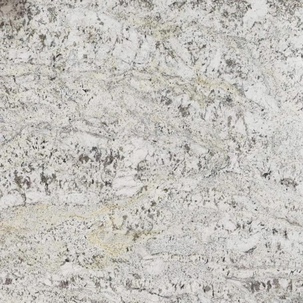 a Bianco Petra granite countertop surface that features gray and taupe details with cream accents over thee white background