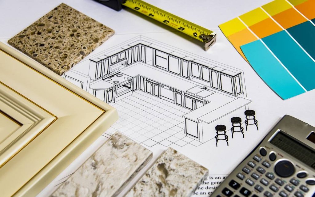 a kitchen remodeling selection sketch layout with several stone surfaces, cabinet styles, and color schemes