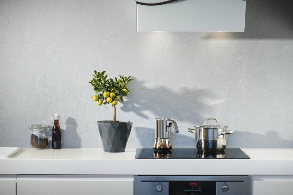 a kitchen countertop in white with a decorative plant, condiments, and other kitchen wares against the light gray backsplash