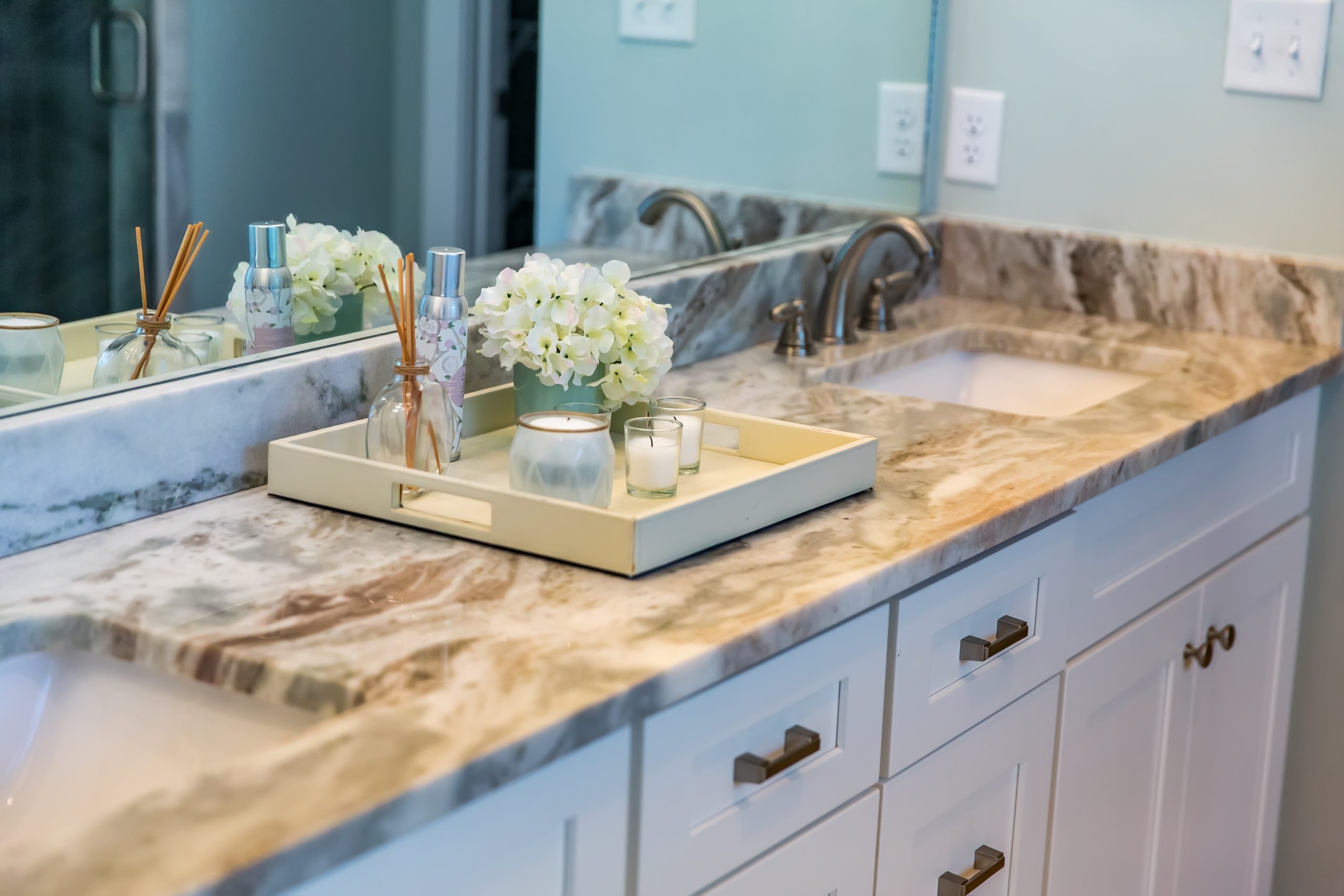 Clean and modern new construction home house bathroom with grani