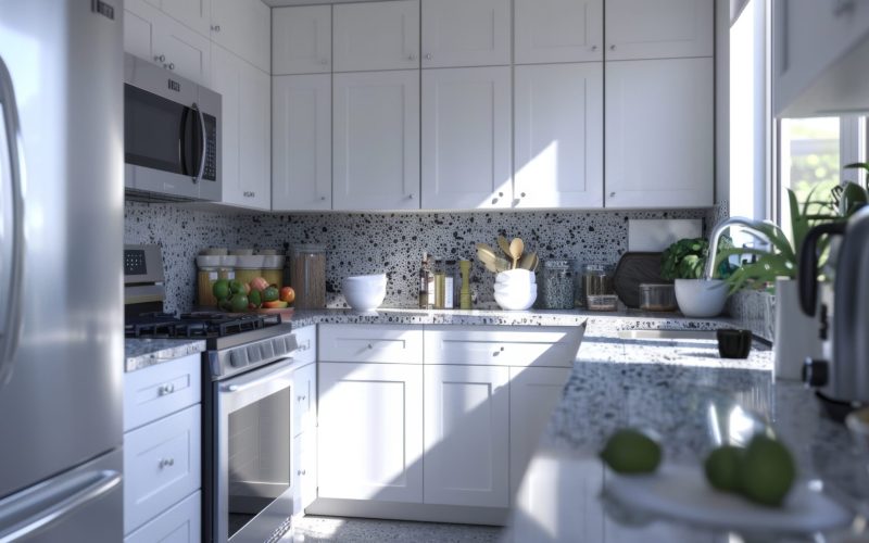A contemporary kitchen with white cabinets, terrazzo countertops