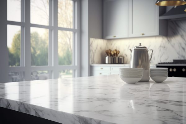 marble counter tabletop with copy space over blurred modern kitchen background. Generative Ai